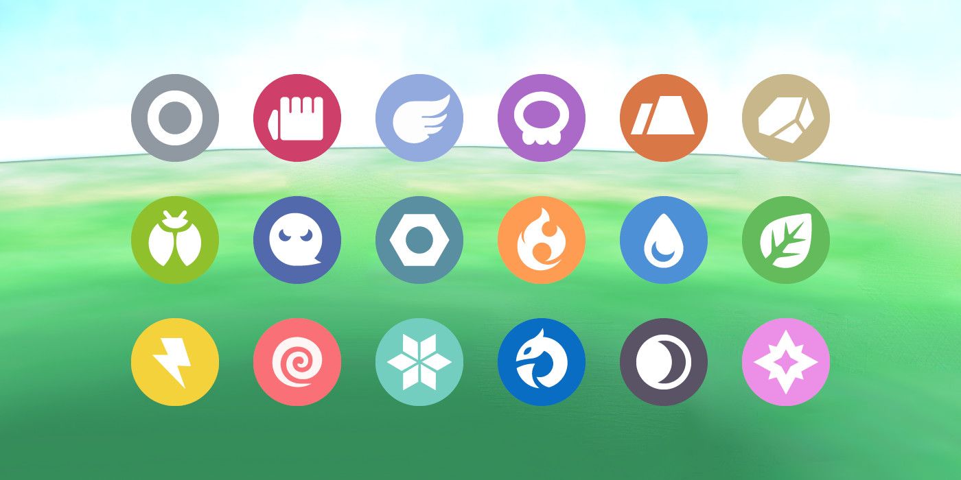 Pokémon's 18 types icons over a green background