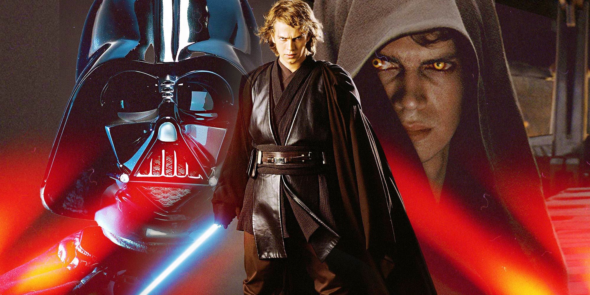 Blended image of Hayden Christensen as Anakin Skywalker with Sith eyes to the right and Darth Vader to the left with Anakin in the foreground