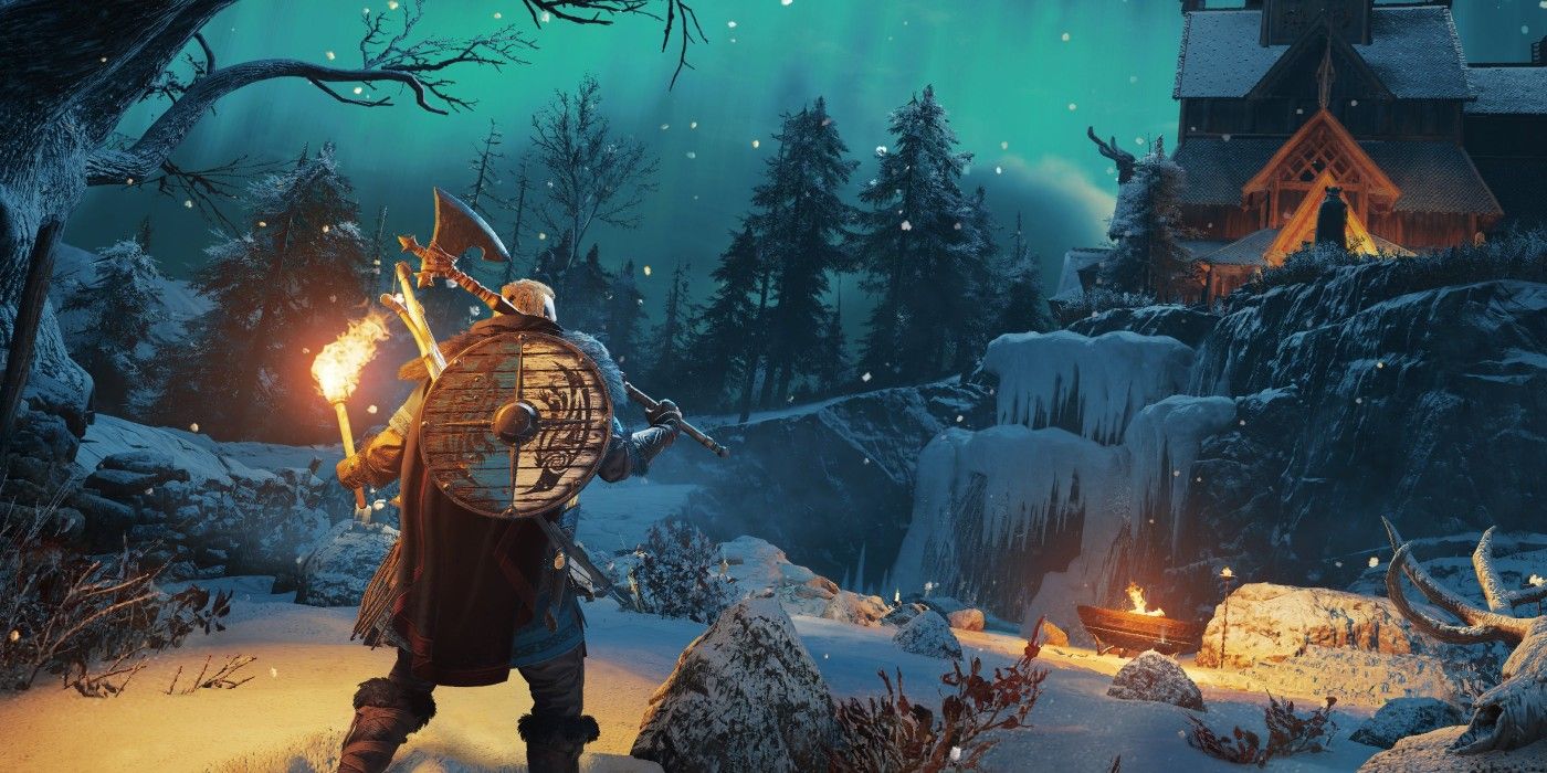 Eivor in a snowy region in Assassin's Creed Valhalla
