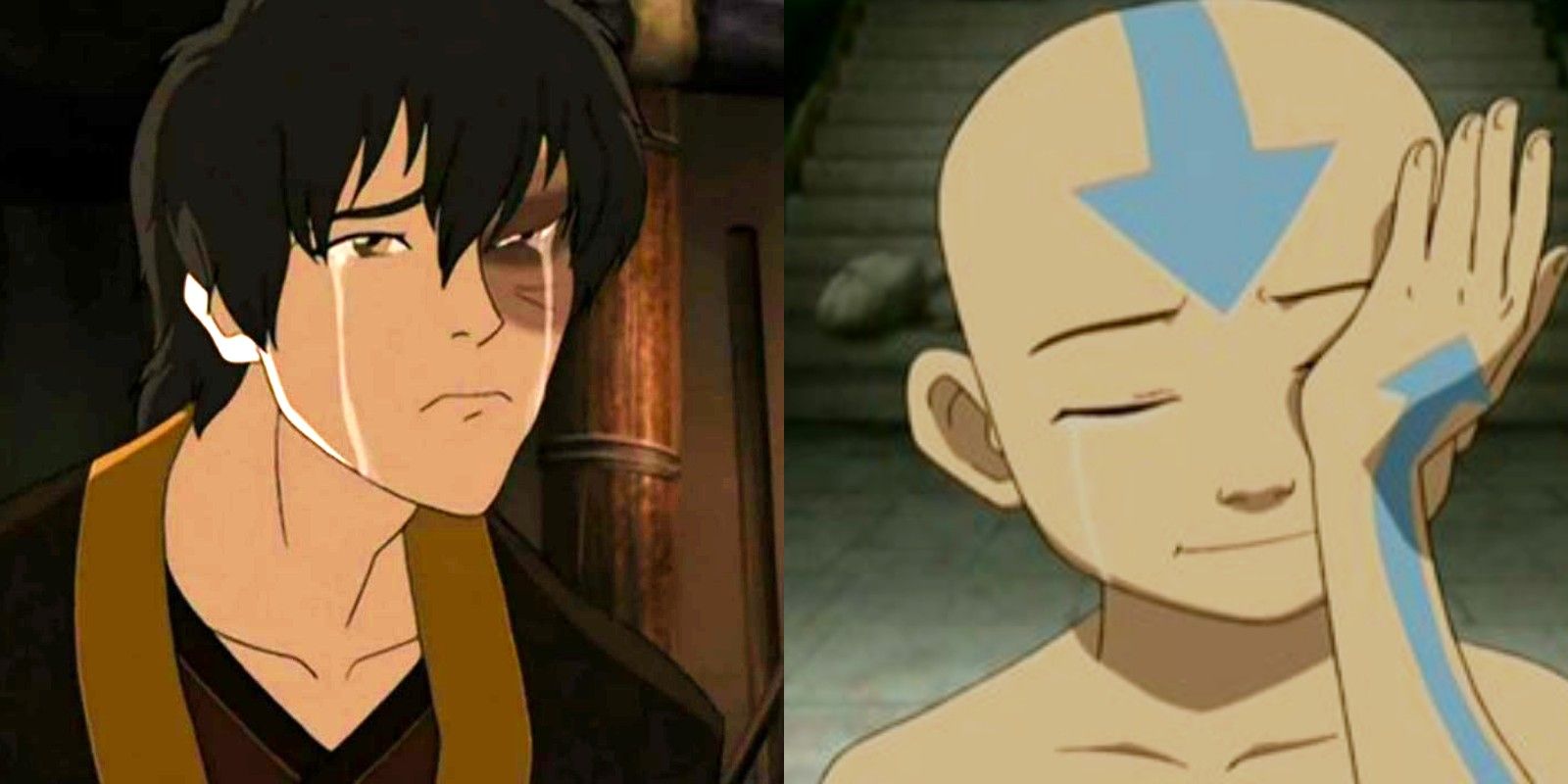 Split image: Zuko and Aang crying big boo-hoo tears in scenes from Avatar: The Last Airbender.