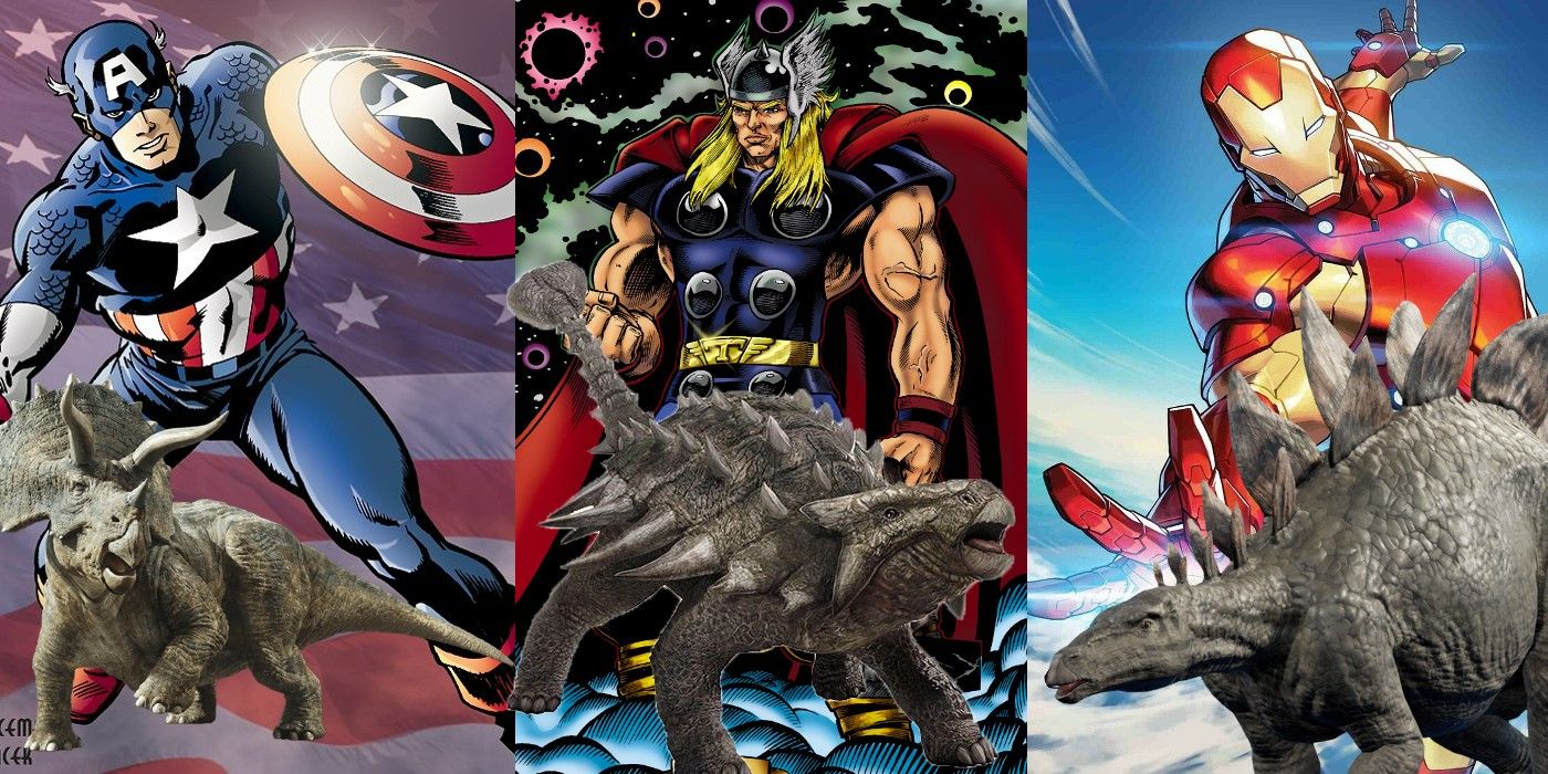 Captain America, Thor, and Iron Man with dinosaurs