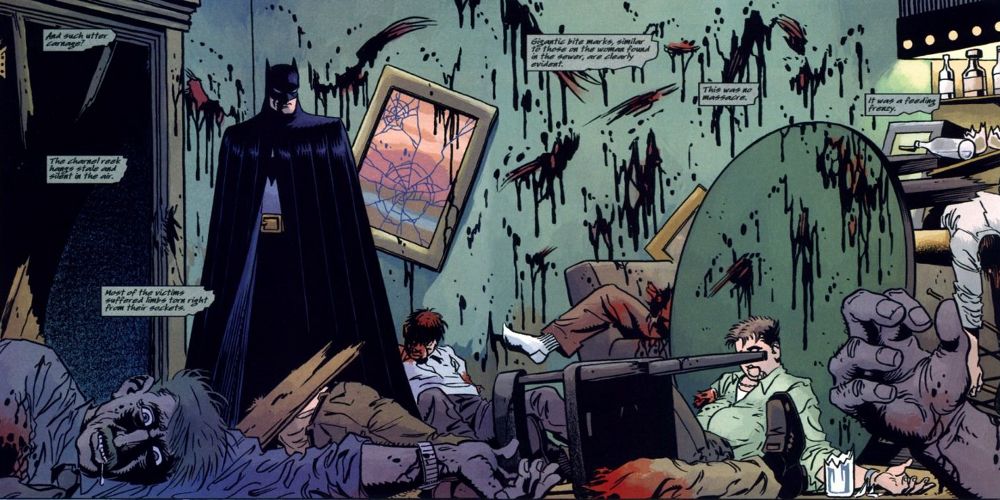 Batman discovering a gruesome scene in the comics