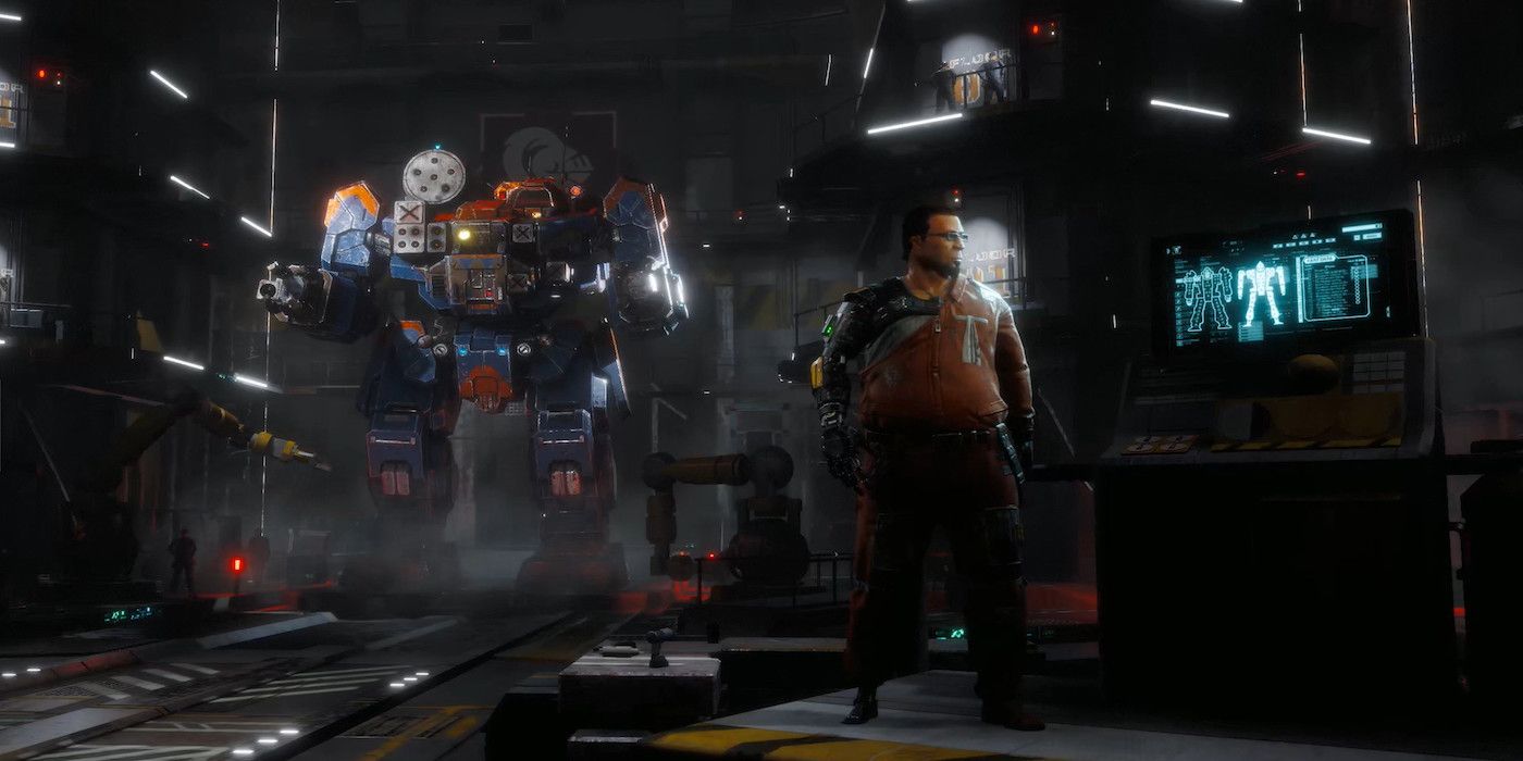 A man stands in front of his mech suit from BattleTech 2018