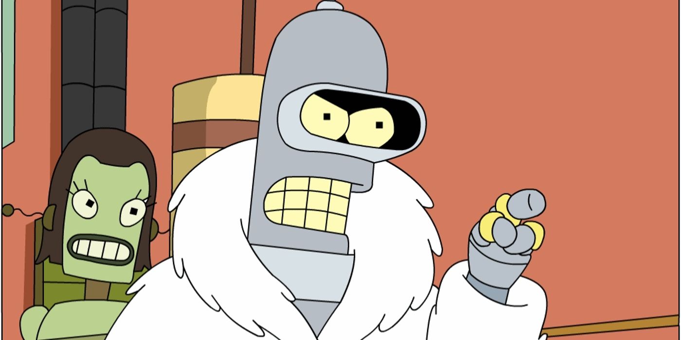 Bender in Futurama pointing while wearing a fur coat.