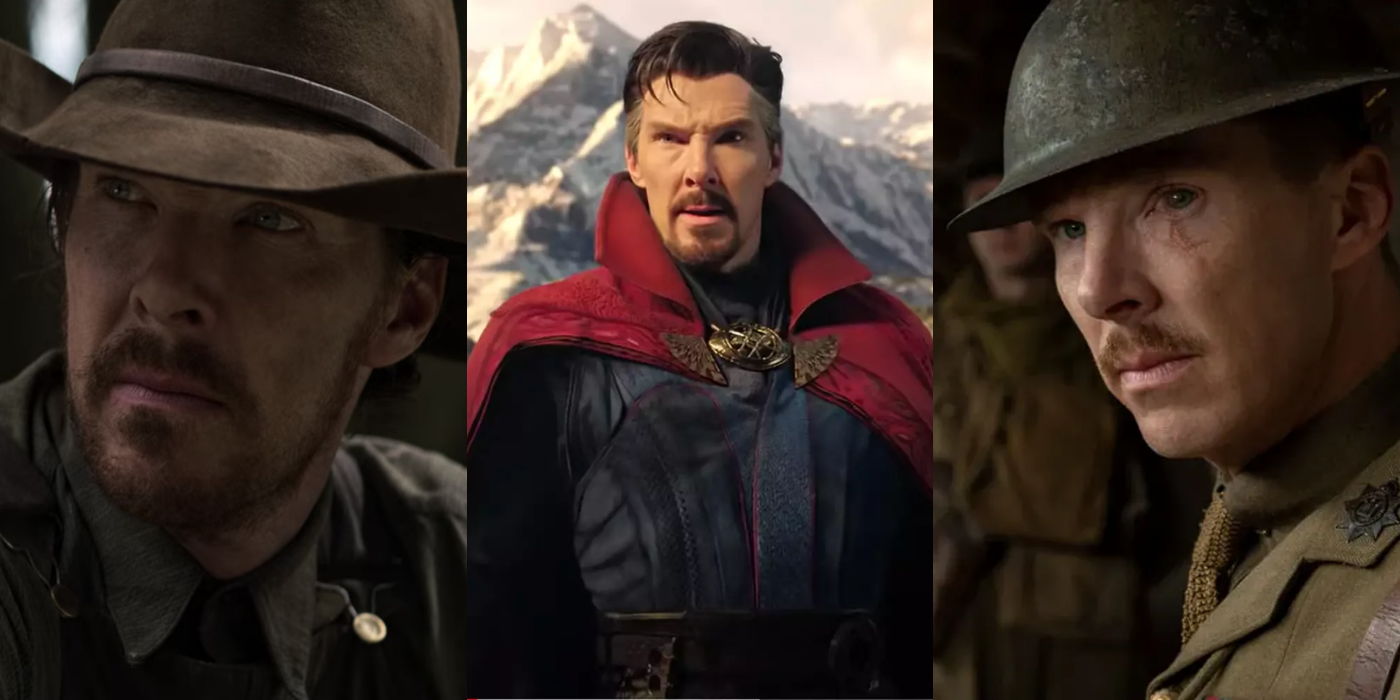 Split image showing Benedict Cumberbatch in The Power of The Dog, Multiverse of Madness, and 1917.