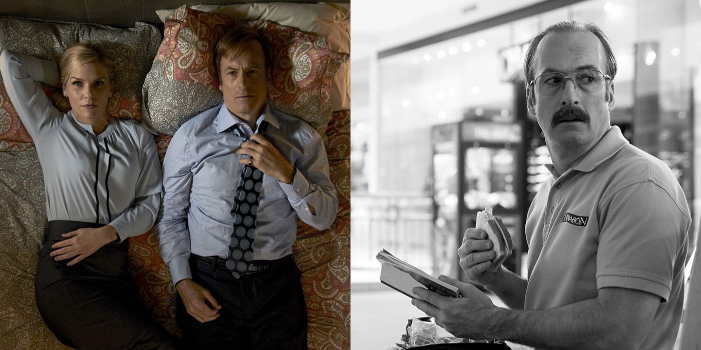 Split image of Jimmy and Kim on the bed and Jimmy as Gene in Better Call Saul.