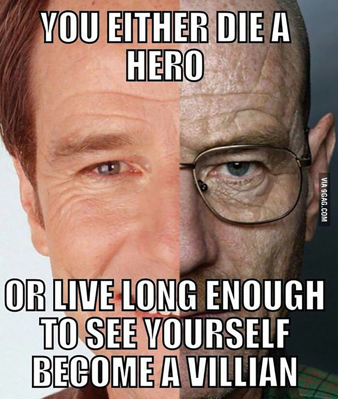 Split image of Walter White and Heisenberg in a meme about Breaking Bad.