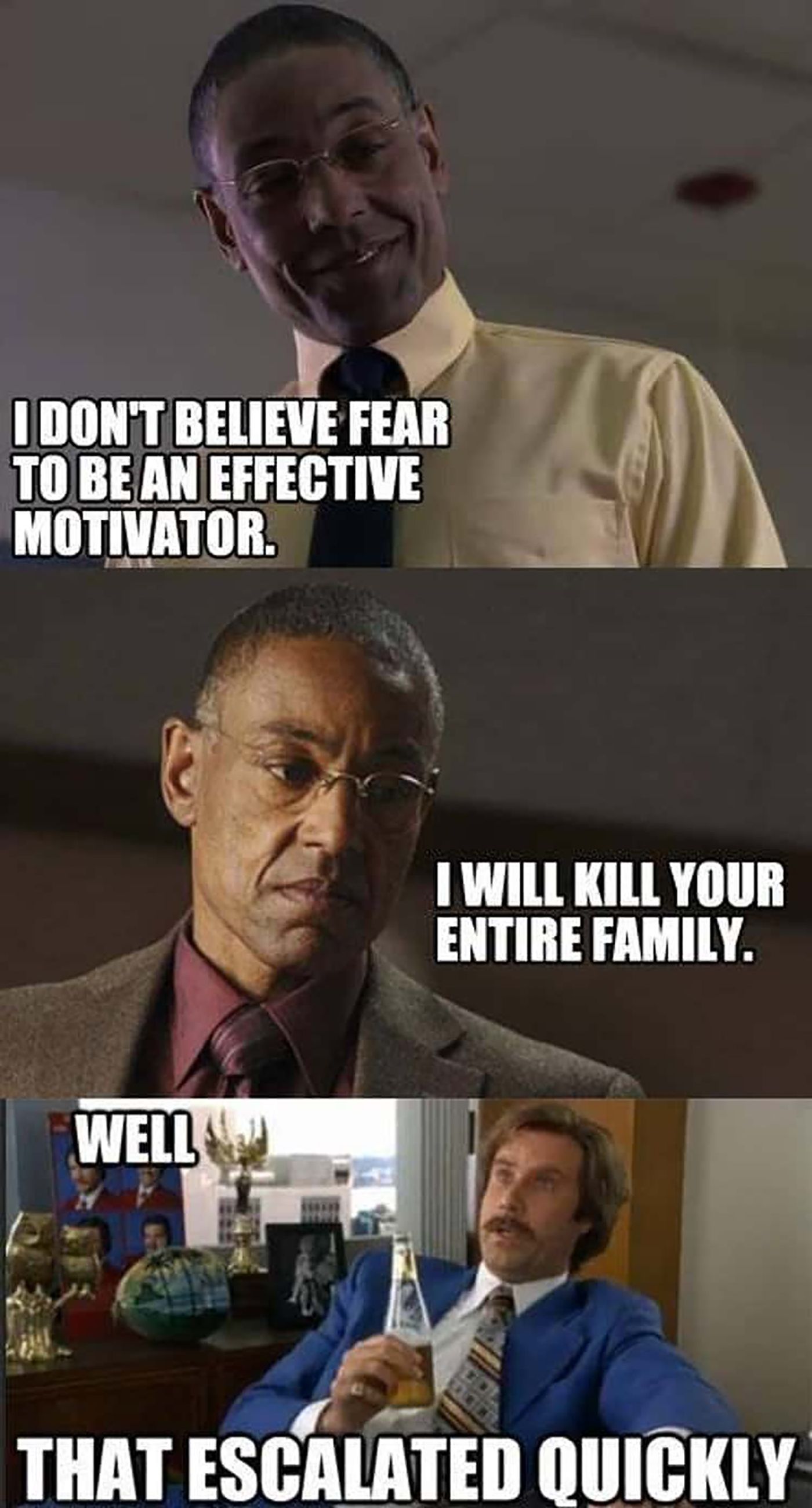A meme showing different sides of Gus Fring on Breaking Bad.