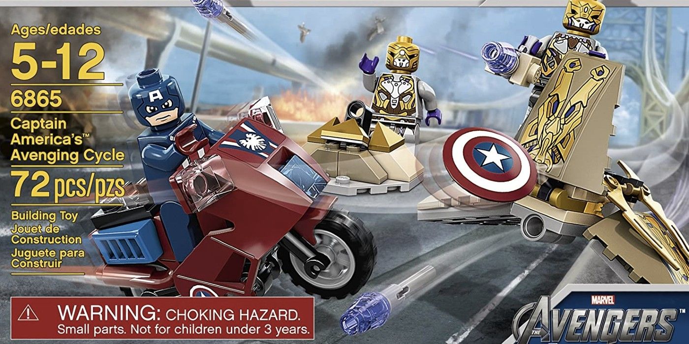 LEGO set featuring Cap on a motorcycle fighting Chitauri