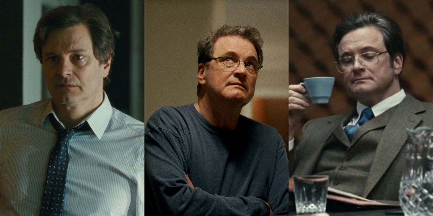 Split image showing Colin Firth in The Staircase, and in two different roles.