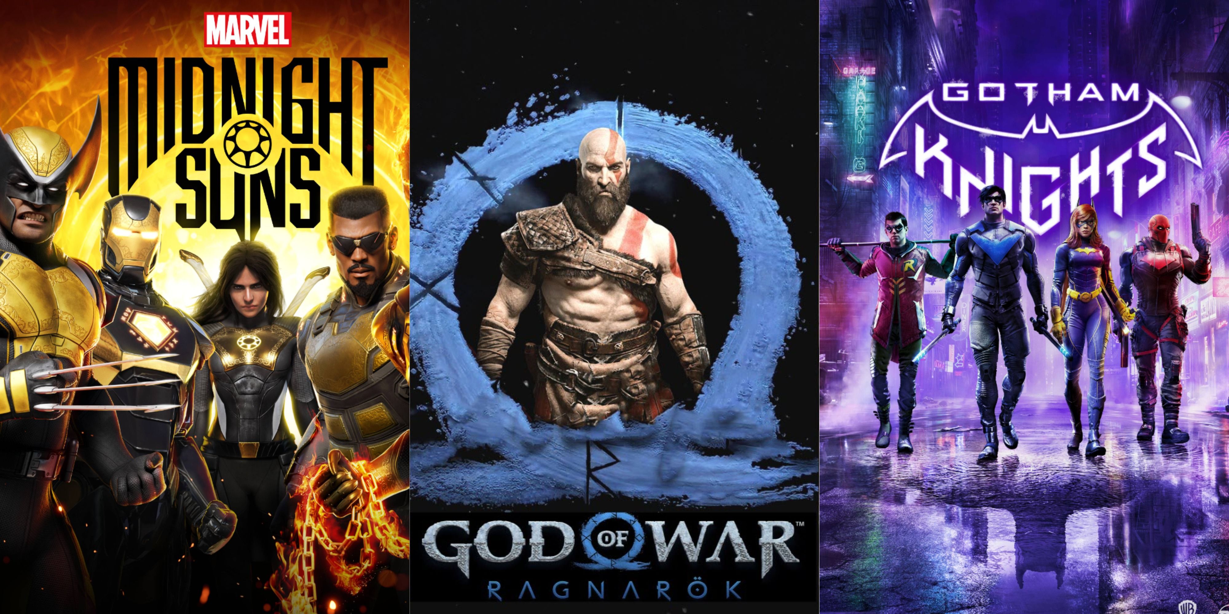 Combined images of Marvel's Midnight Suns, God of War Ragnarok, and Gotham Knights