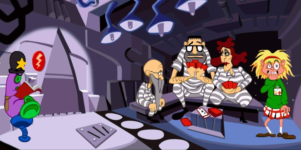 The crew gathers in a spaceship in Day of the Tentacle