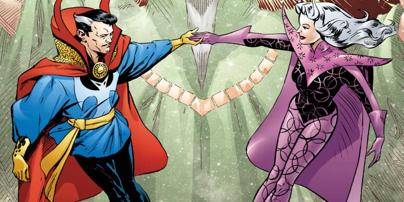 Doctor Strange and Clea hold hands in Marvel Comics.