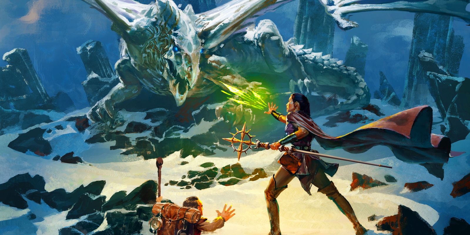 Artwork of a gnome and a sorcerer fighting a dragon in Dungeons & Dragons