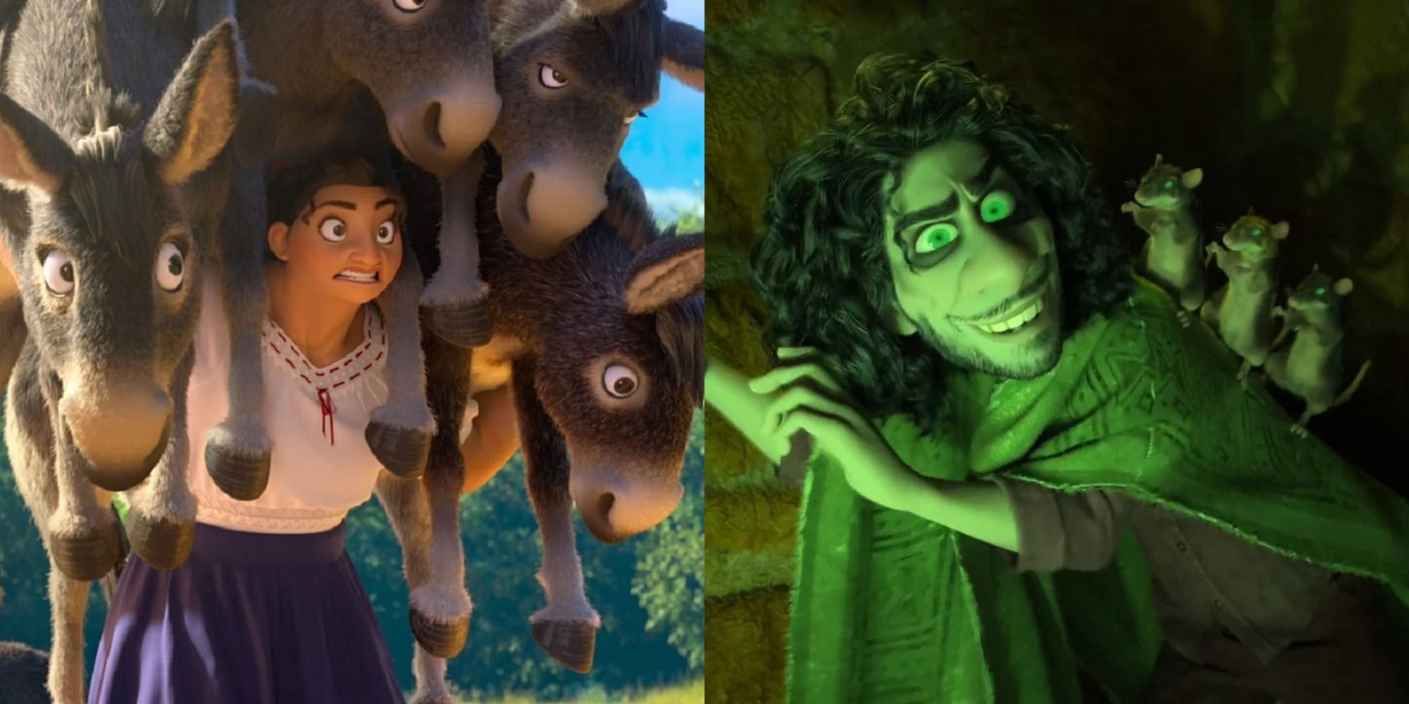 Split image of Luisa and Camilo using their powers in Encanto