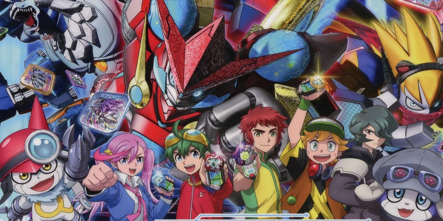 Digimon Universe: App Monsters' main cast showing off their digivices with their Digimon.