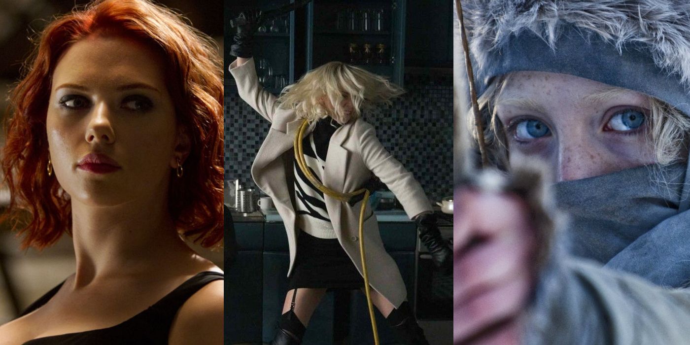 split image scarlet johansson as black widow, charlize theron as atomic blond and Saoirse Ronan as hanna