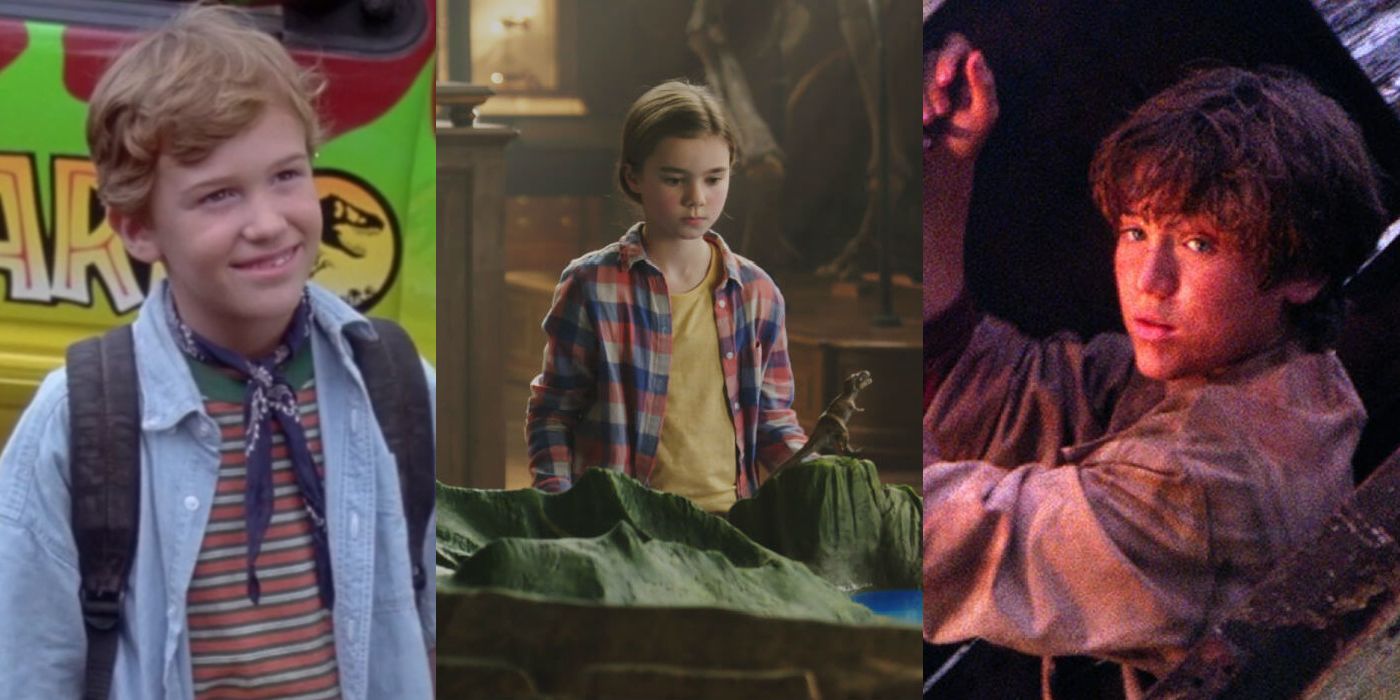 split image of Joseph Mazzello as Tim Murphy in Jurassic Park, Isabella Sermon as Maisie Lockwood in Fallen Kingdom, and Trevor Morgan as Eric Kirby in Jurassic Park 3