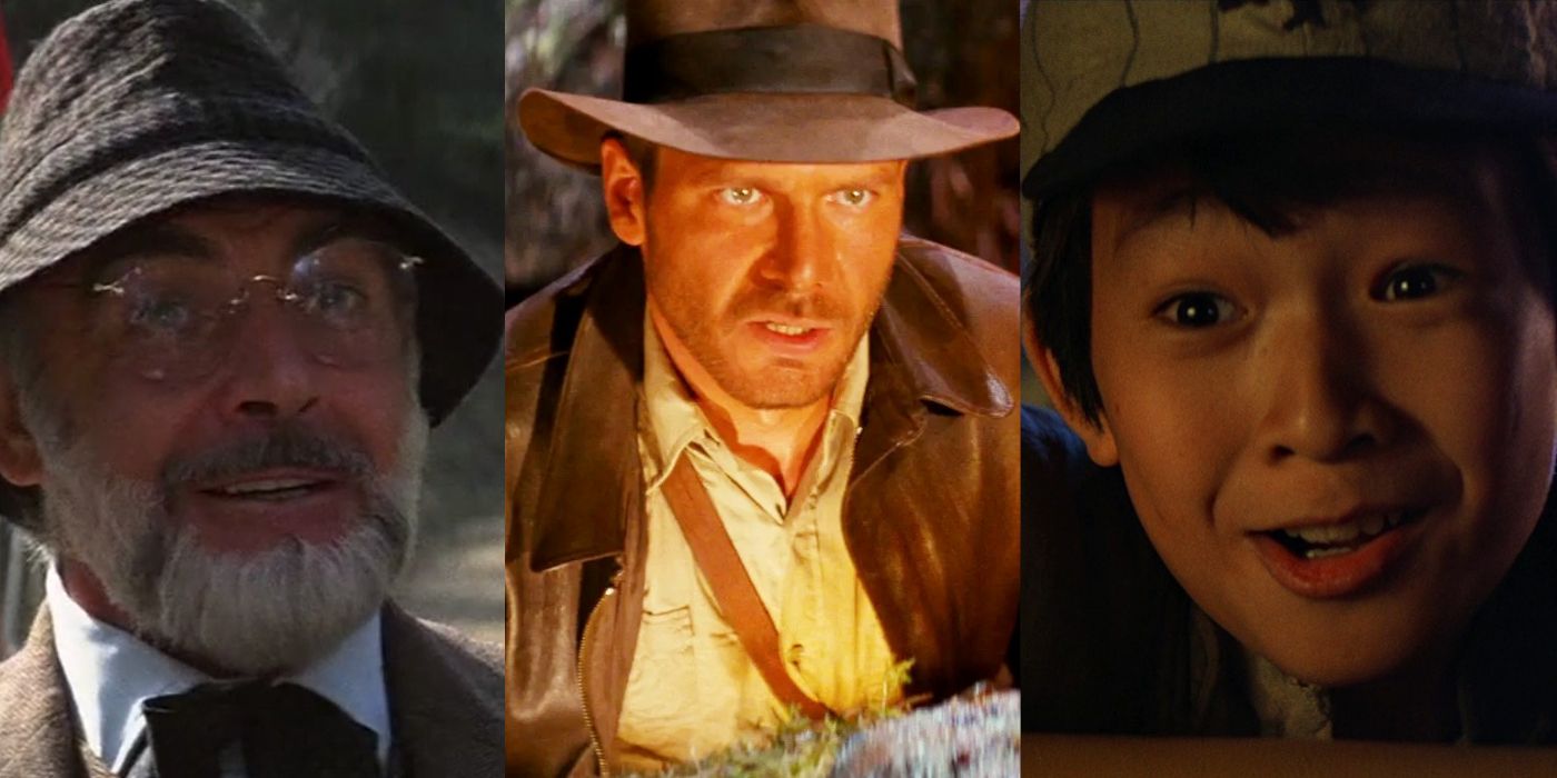 split image sean connery as henry jones senior in last crusade, harrison ford and indiana jones from raiders of the lost ark, jonathan key hu quan as short round from temple of doom