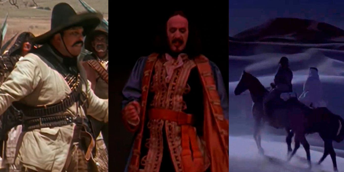 Split image Mike Moroff as Pancho Villa and bob peck as vlad the impaler count dracula and Douglas Henshall as TE Lawrence of Arabia and Sean Patrick Flannery in the young Indiana jones chronicles adventures