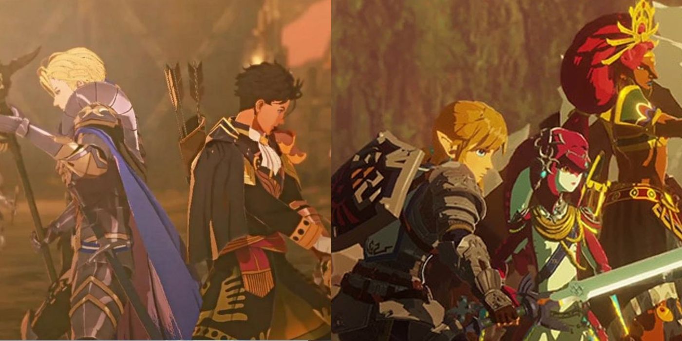 Claude and Dimitri in Fire Emblem Three Hopes on the left with Link, Mipha, and Urbosa from Hyrule Warriors: Age of Calamity on the right.