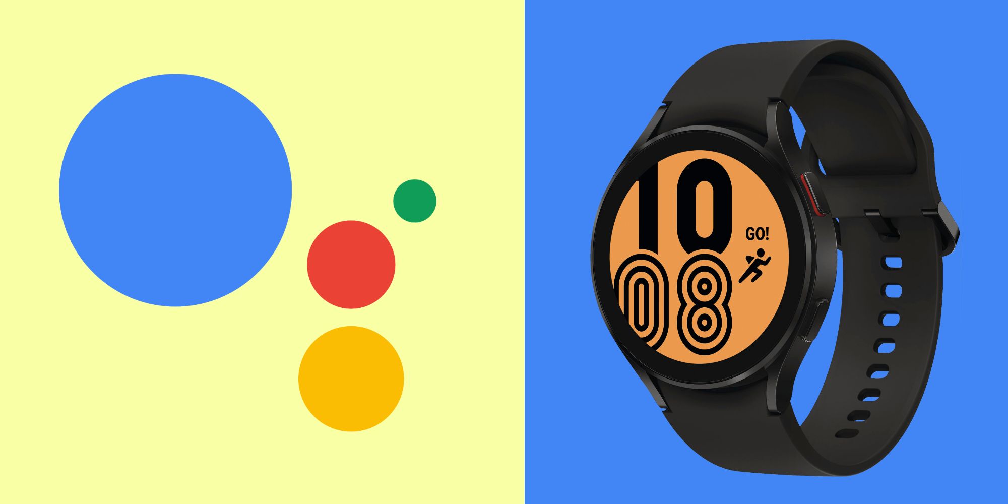 A Galaxy Watch 4 next to the Google Assistant logo