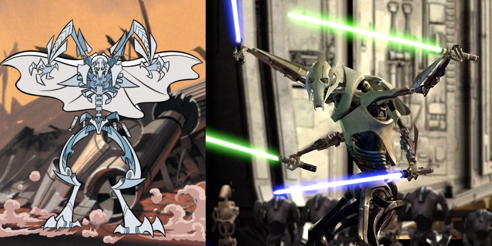 split image of general grievous from 2003s the clone wars and 2005s revenge of the sith