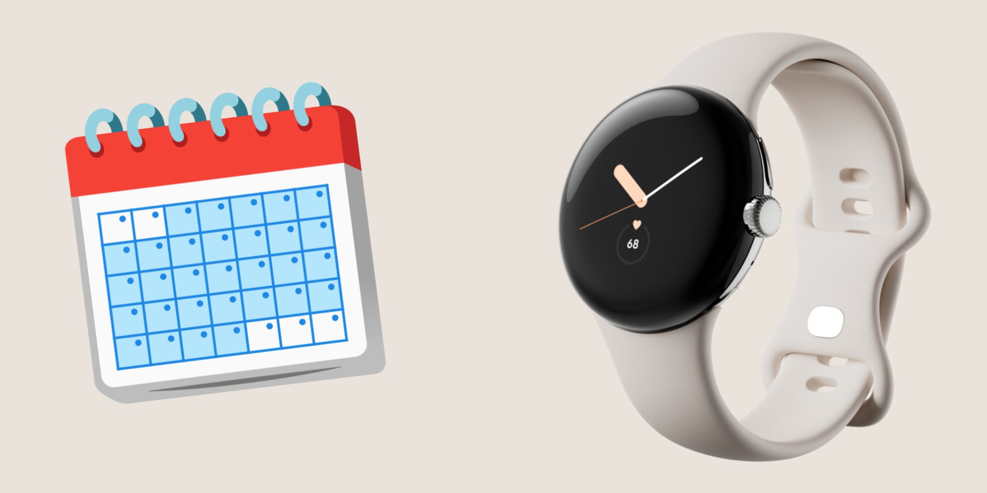 Google Pixel Watch next to a calendar emoji