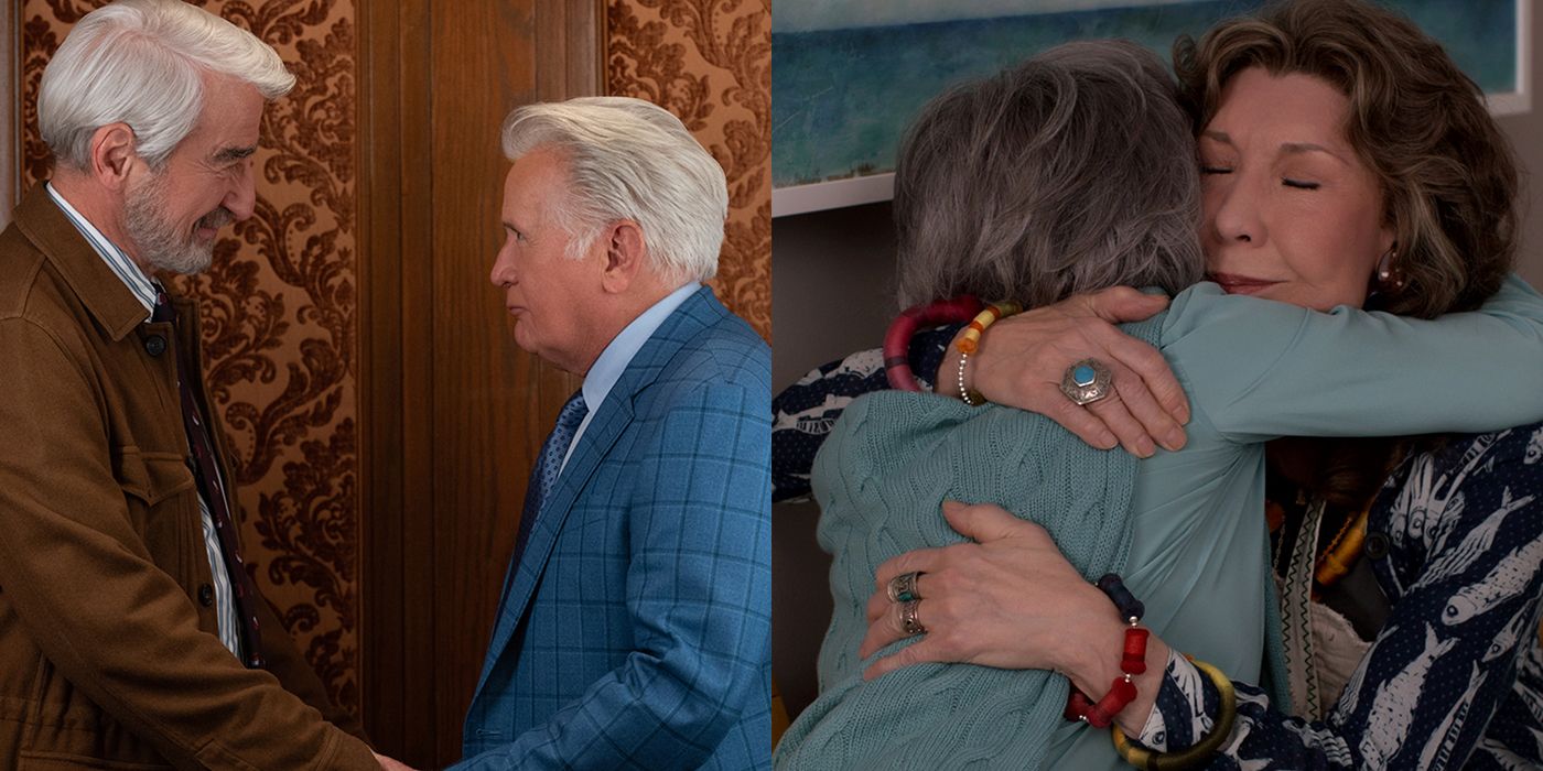Split image of Sol and Robert and Frankie and Grace hugging on Grace and Frankie.