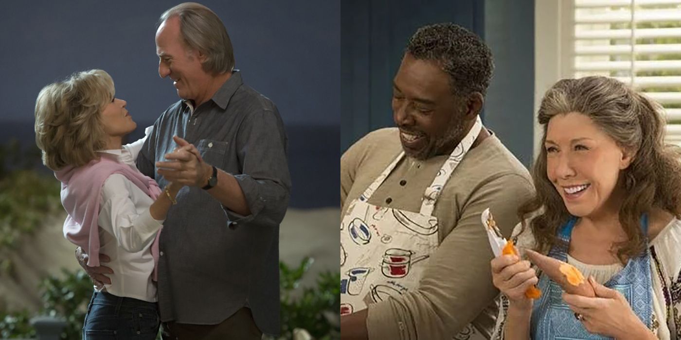 Split image of Grace and Guy and Jacob and Frankie from Grace and Frankie.