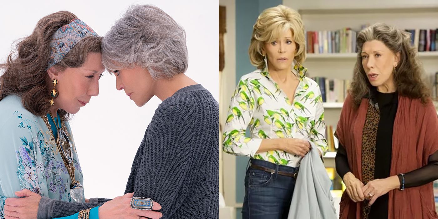 Split image of Grace and Frankie from season 7 and season 1.