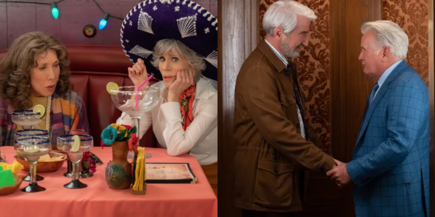 Split image showing the main cast of Grace & Frankie in the last episodes.
