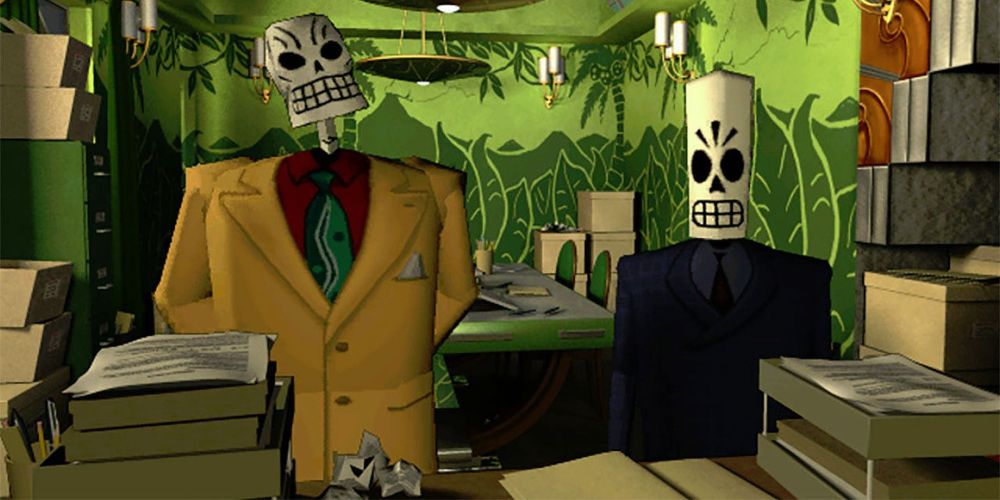 Two skeleton figures watch in the game Grim Fandango