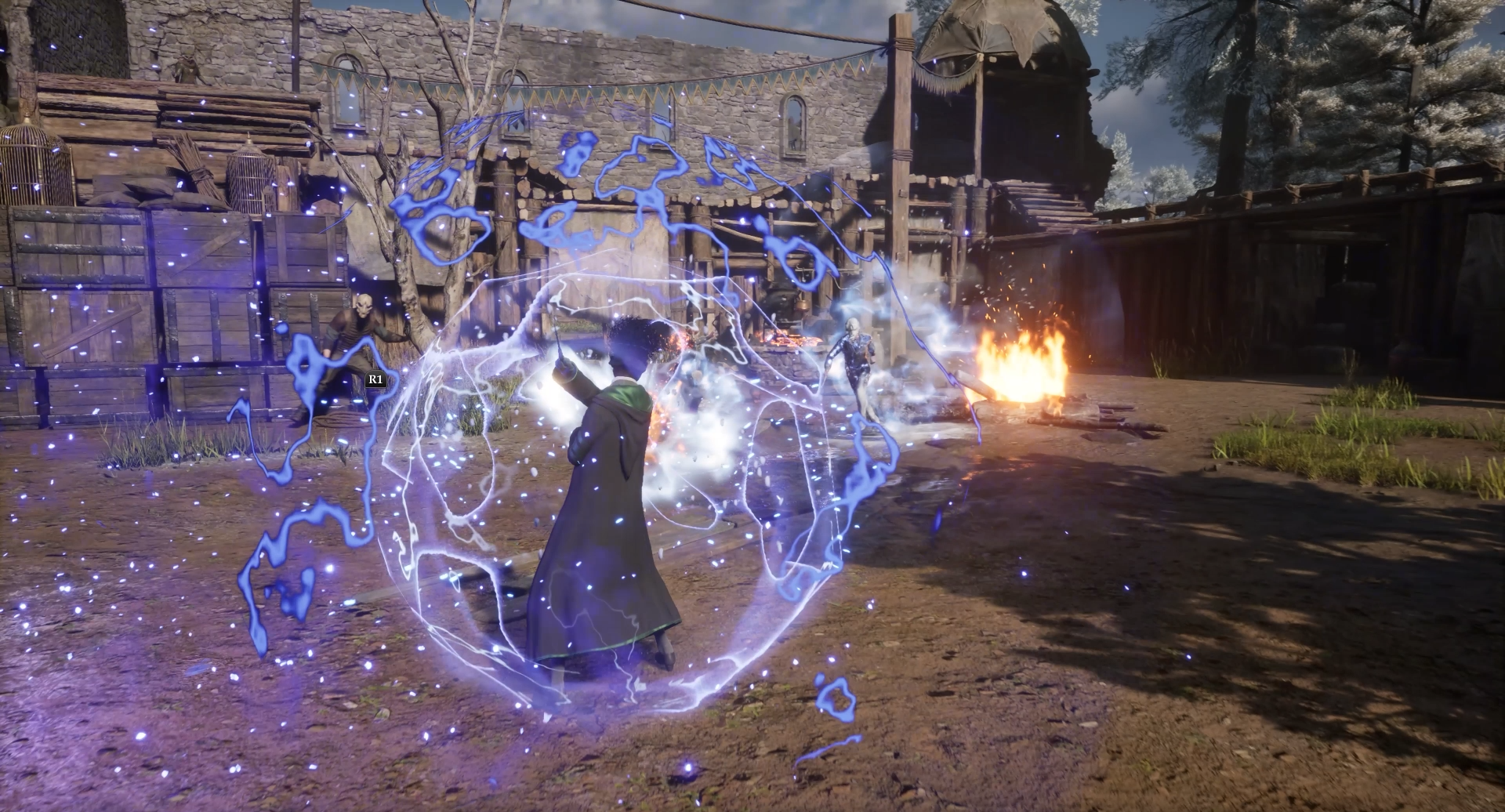 A wizard in the Harry Potter Hogwarts Legacy game casts a protection spell on the castle grounds