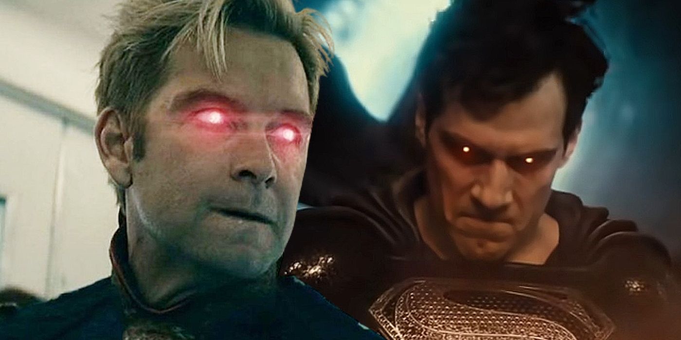 homelander in the boys and superman in zack snyders justice league with laser eyes