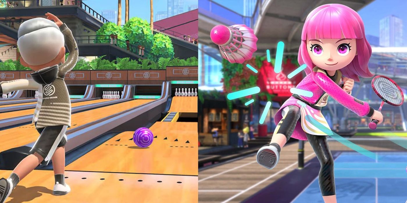 A player bowls and another player huts a badminton birdie in Nintendo Switch Sports