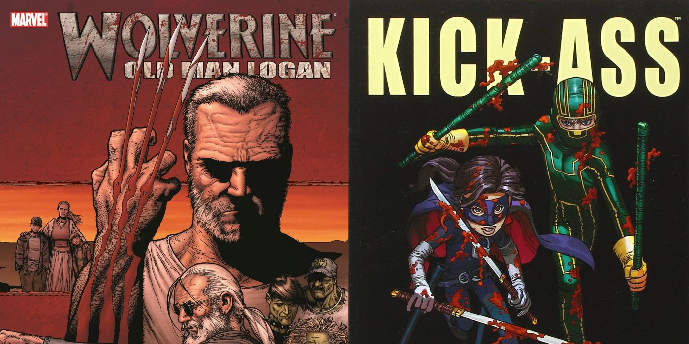 Logan holds up a bloody claw in Old Man Logan and Kick-Ass and Hit-Girl hold bloody swords in Kick-Ass