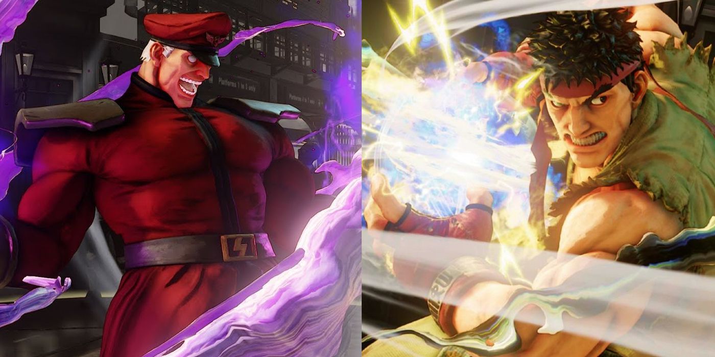 Bison uses his Pyscho Crusher move and Ryu conjures a Hadoken in Street Fighter