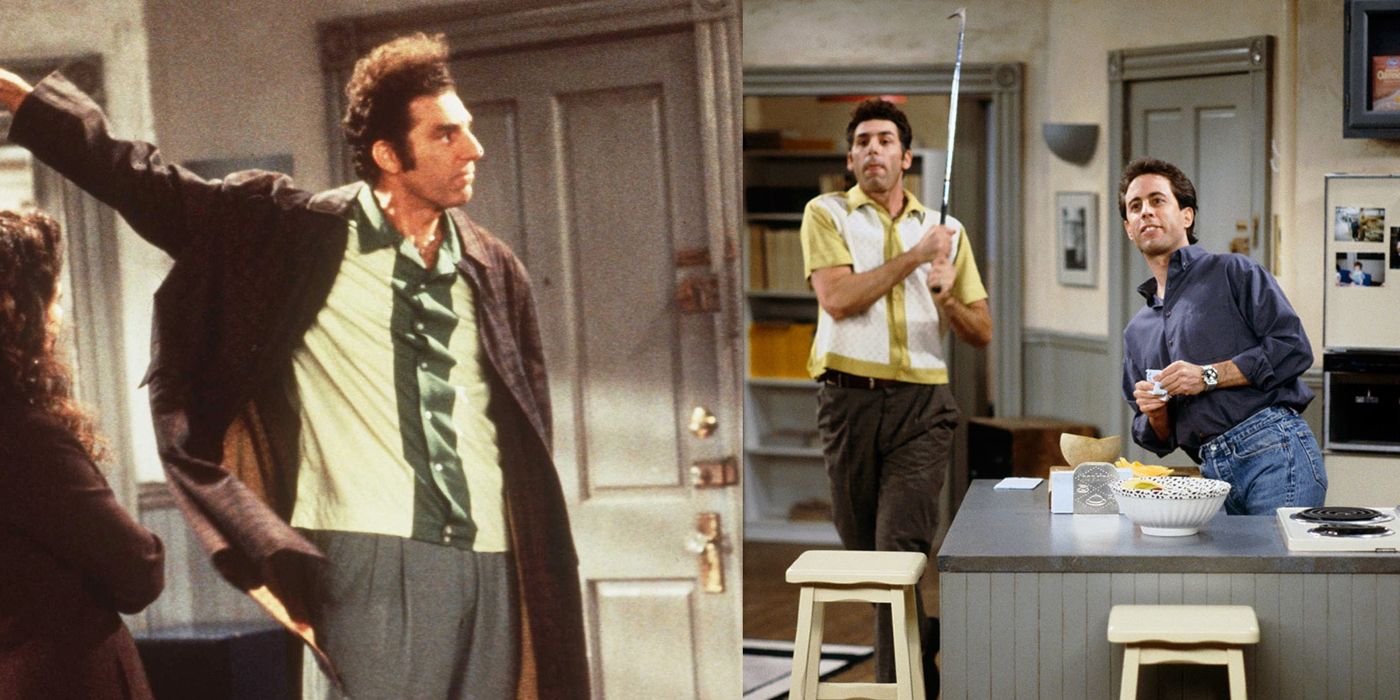 Kramer holds his arm out and swings a golf club by Jerry's door on Seinfeld