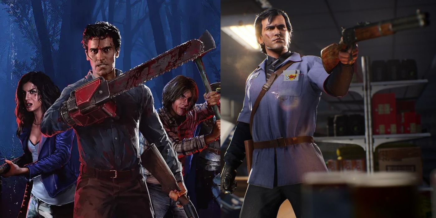 Ash holds a chainsaw and a shotgun in Evil Dead: The Game