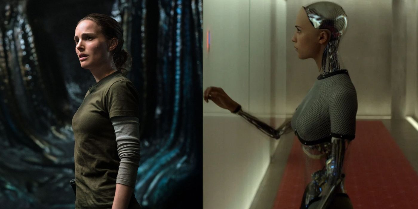 Lena stands in profile and examines The Shimmer in Annihilation and Ava reaches for the wall in Ex Machina