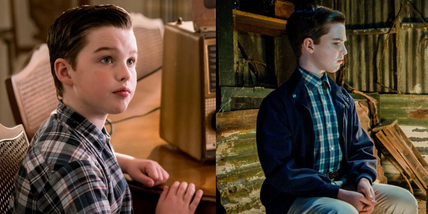 Sheldon sits by a radio at the dinner table and Sheldon sits in the cabin in Young Sheldon