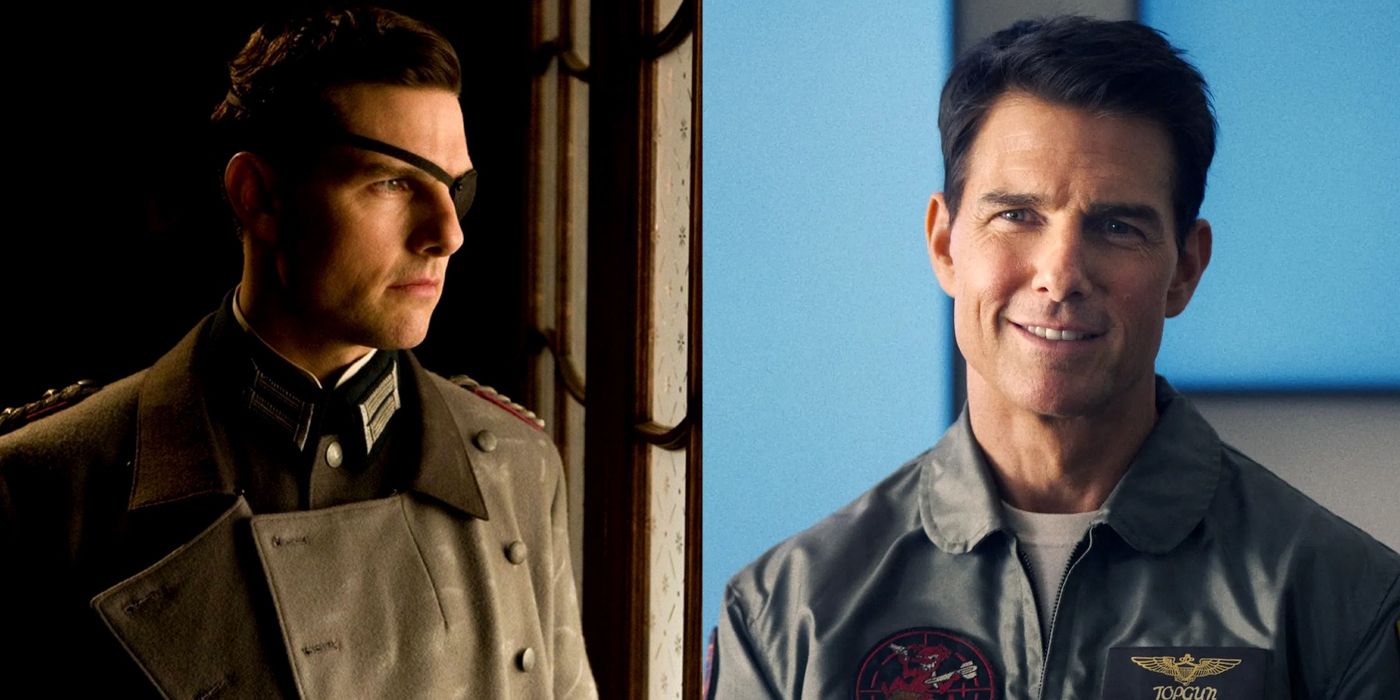 Colonel Claus looks out a window in Valkyrie and Pete smiles in the classroom in Top Gun: Maverick