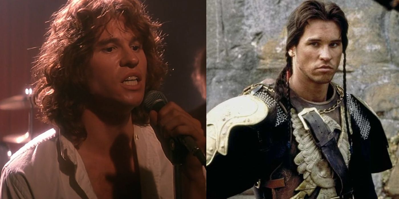Jim Morrison performs on stage in The Doors and Madmartigan stands alone by a rock cliff in Willow