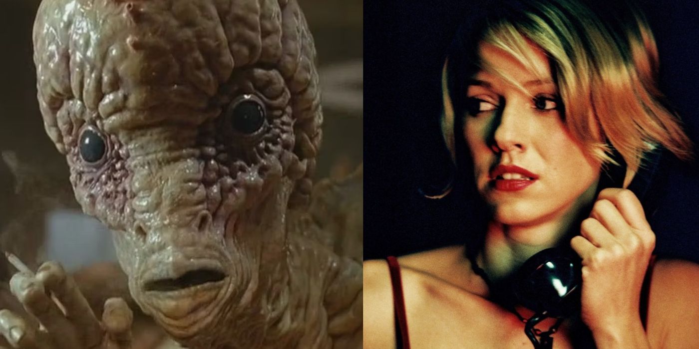 A monstrous bug holds a cigarette in Naked Lunch and Betty holds a phone receiver to her ear in Mulholland Drive