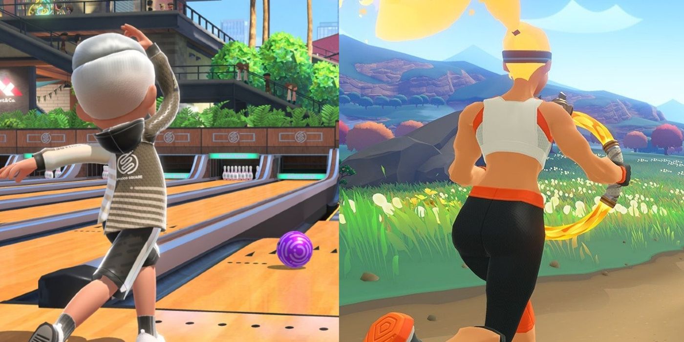 A split image of bowling from Wii Sports and a runner in Ring Fit Adventure