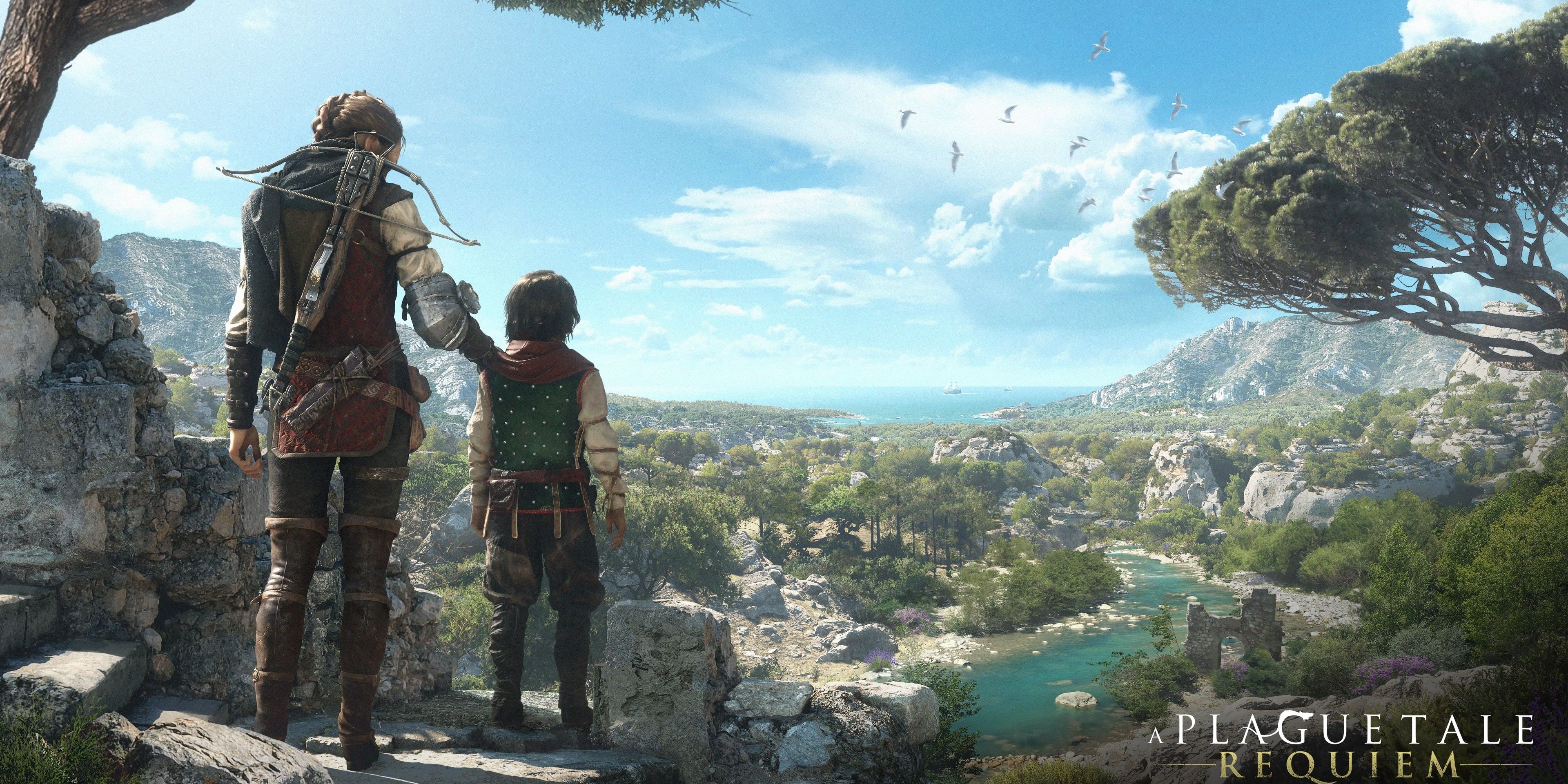 image from the game A Plague Tale Requiem showing Amicia and Hugo looking over a vast landscape