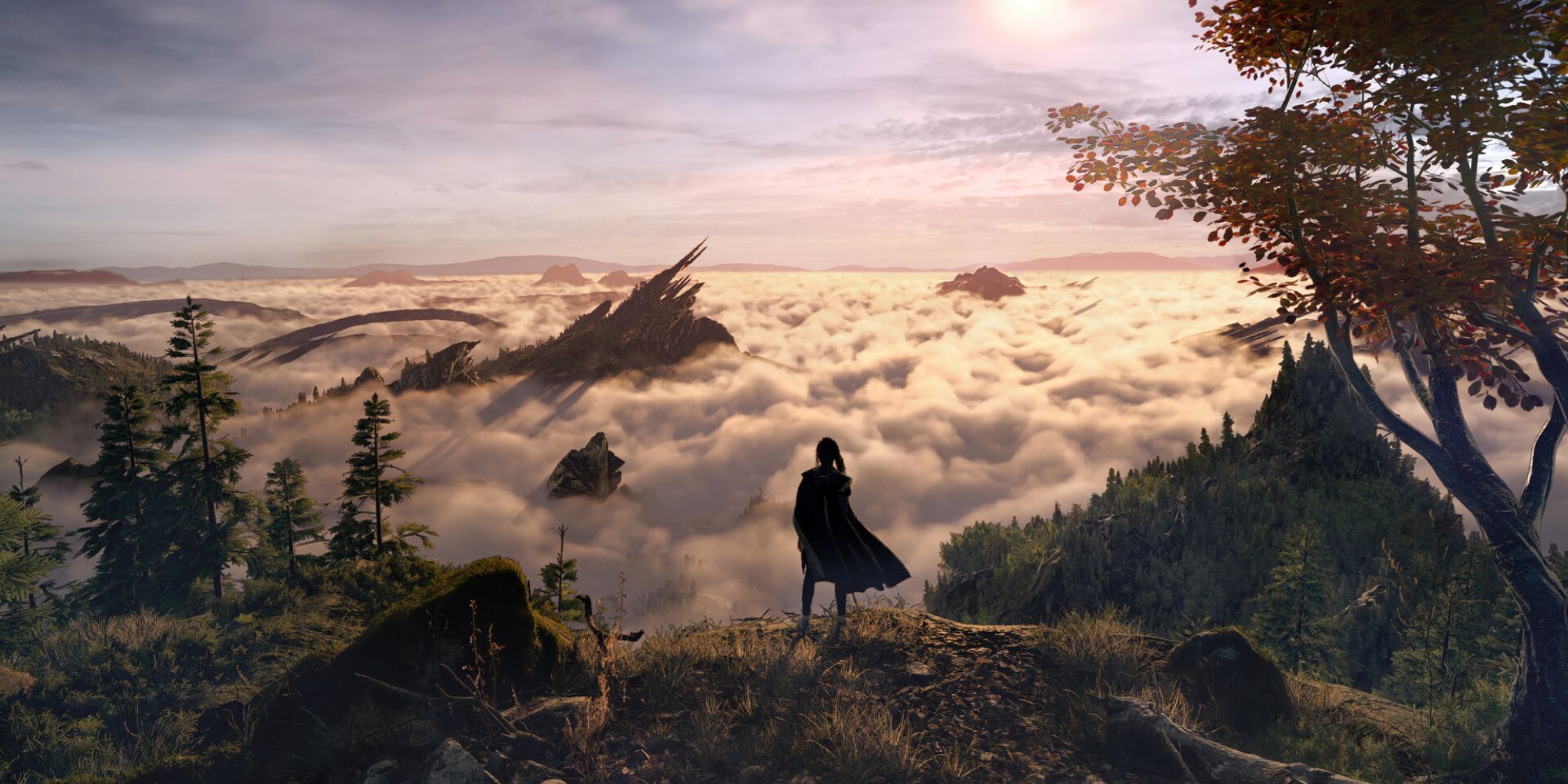 image from the game Forspoken showing the protagonist Frey looking over vast cloudy mountaintop