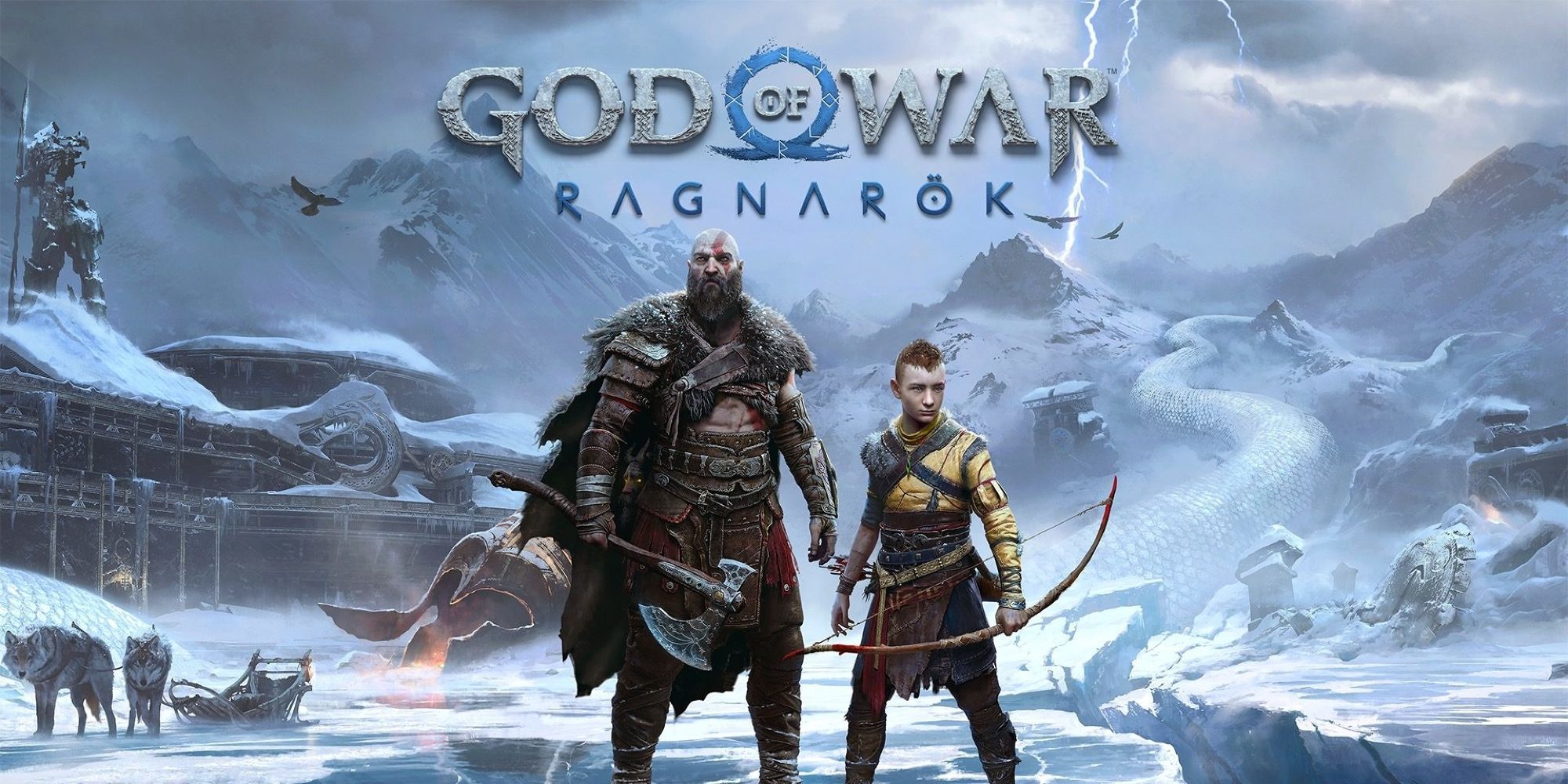 image from the game God of War Ragnarök showing Kratos and Atreus standing in an icy location