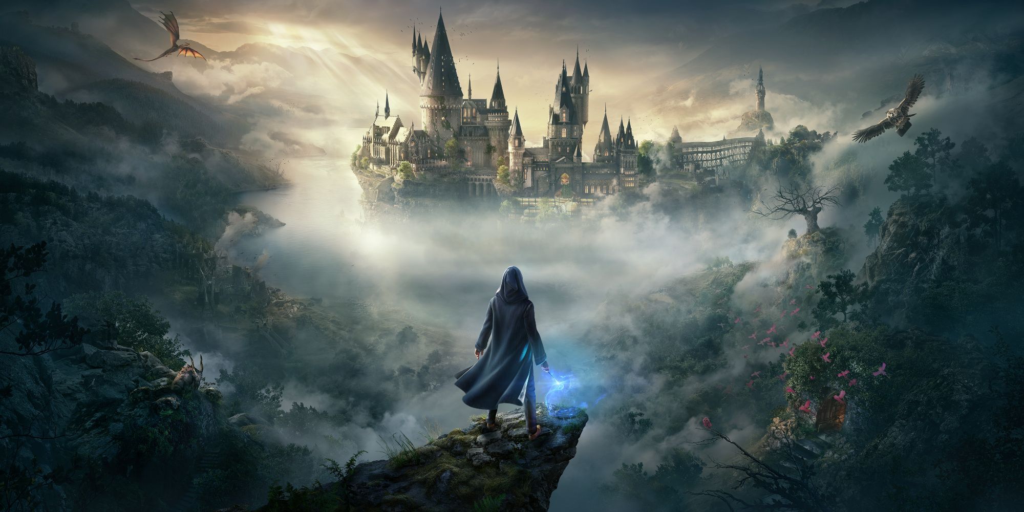 image from the game Hogwarts Legacy showing a wizard looking over Hogwarts Castle surrounded by mist